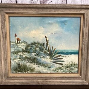 ORIGINAL Seascape Beach Lighthouse Coastal Signed Oil Painting By R. Thrower